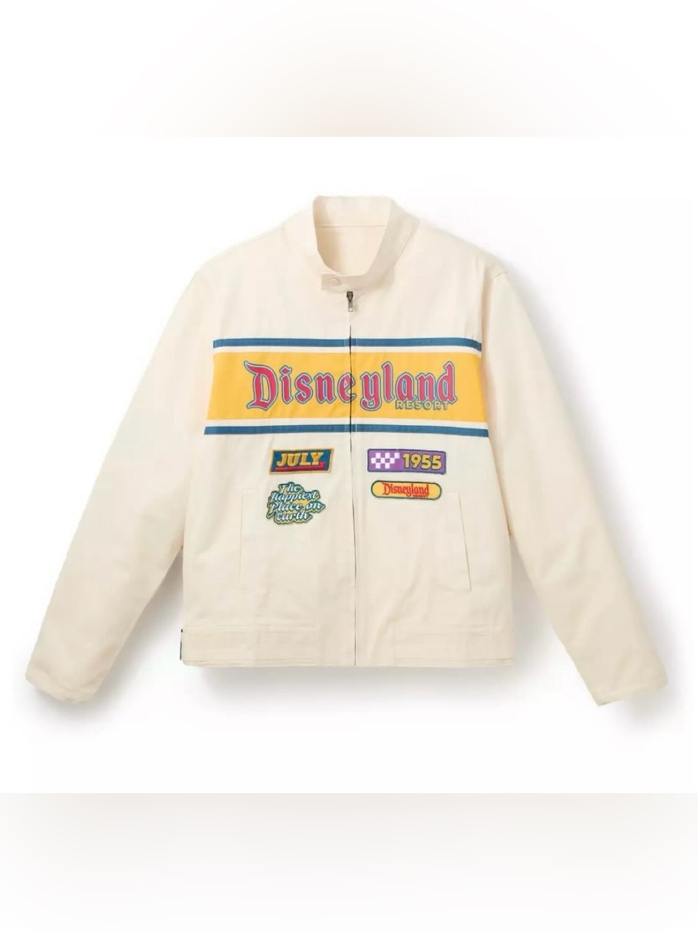 NWT Disney Disneyland Opening Year Cream Racer Jacket with Retro Patch Detail